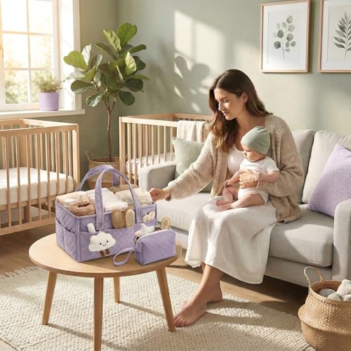 PeraBella Baby Diaper Caddy Organizer, Baby Basket Shower Gift, Portable Changing Table Basket, Postpartum Caddy & Tote Bag Pouch, Newborn Boy & Girl Nursery Essentials Registry, Car Diaper Organizer - color: Lavender