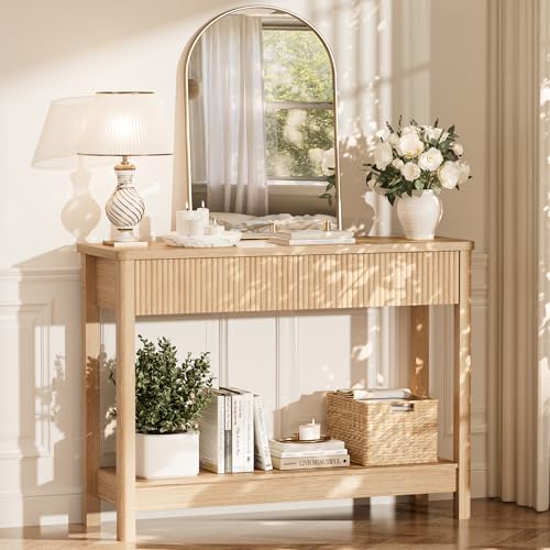 INNOD Entryway Table with Storage, 40" Fluted Console Table with Drawers, Narrow Console Table for Entryway, Sofa Table Behind Couch, Wood Hallway Table for Living Room, Foyer, Small Space (Light Oak)