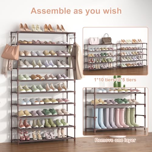 LANTEFUL 10 Tiers Shoe Rack 50 Pairs Large Capacity Tall Shoe Organizer Sturdy Shoe Storage with Two Hooks Space Saving Metal Wide Shoe Rack for Closet, Entryway, Bedroom, Brown - color: Brown, size: 10 Tier-61.2" High-34" Wide
