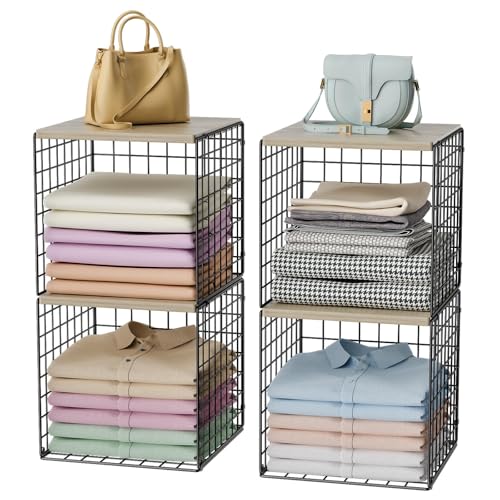 Hencawima 4-Tier Stackable Closet Organizers and Storage, Dual-Layer Reinforced Clothing Cube Shelves with Wood Tops, Sturdy Clothes Storage Bins & Shelf Basket for Wardrobe, Closet Organizer System