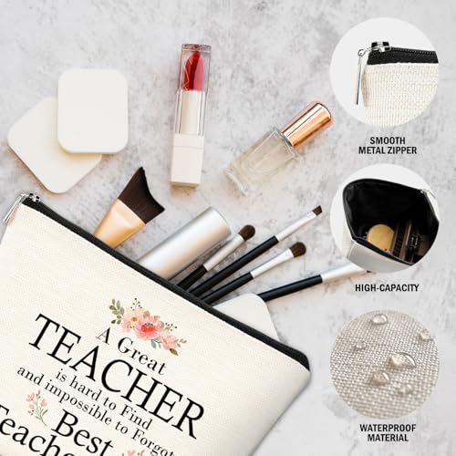 Best Teacher Ever Makeup Bag,Watercolor Flower Floral Teacher Cosmetic Bag Gift for Women,Girly Aesthetic Zipper Makeup Pouch