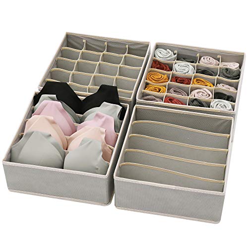 DIOMMELL Set of 4 Foldable Cloth Storage Box Closet Dresser Drawer Organizer Fabric Baskets Bins Containers Divider for Clothes Underwear Bras Socks Lingerie Clothing, Grey 22-0000 - color: Light Grey