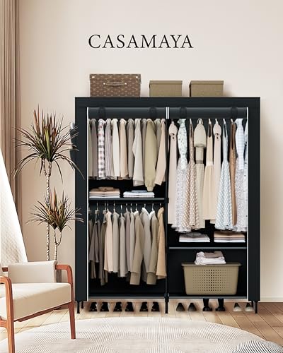 CASAMAYA Clothes Rack, Portable Closet, 54.7 Inch Large Capacity Wardrobe Closet with Cover, Clothes Storage Organizer with Shelves and 3 Hanging Rods, Easy to Assembly, Black PCT122B01 - color: Black, size: 54.7"L x 17.7"W x 78"H