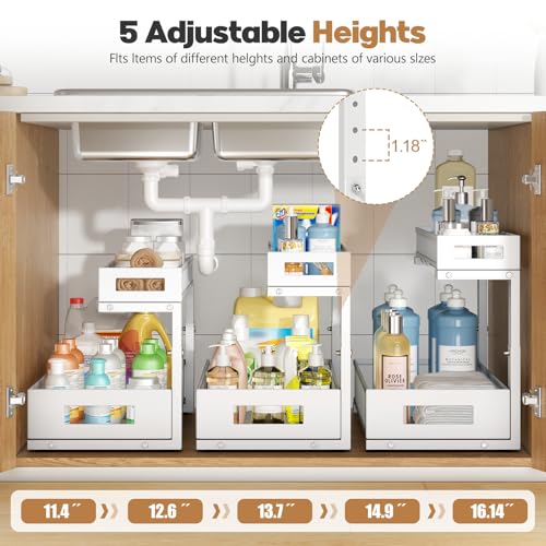 2 Pack 19IN Depth Under Sink Storage Organizer, Large 2-Tier Elegant Mesh Pull Out Shelf for Kitchen and Bathroom Cabinet Organization, L-Shaped and Adjustable Height Design-White - color: White, size: 2 Pack-19"Dx11.4"-16.14"H