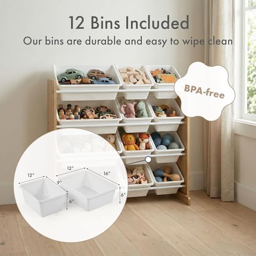 Humble Crew Toy Storage Organizer with 12 Removable Storage Bins for Kids Playroom, 4-Tier Toddler Toy Organization, Natural Wood/White - color: Natural Wood/White