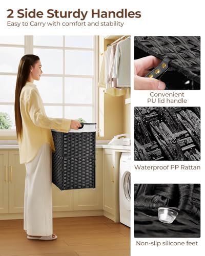 Greenstell Laundry Hamper with 2 Removable Liner Bags, Foldable Divided Clothes Hamper, 90L Handwoven Synthetic Rattan Laundry Basket with Lid and Handles, Easy to Install Black 18.3x13.3x24 Inches - color: Black, size: 90L (18.3x13.3x24.0 Inches)