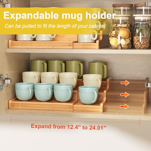 Hongtamoya 3-Tier Expandable Bamboo Mug Holder For Countertop Coffee Cup Holder Display Mug Organizer Mug Rack for Coffee Bar Organizer Mug Shelf for Cabinet for Kitchen, Home - size: (12.40~24.01'')L*10.62''W*4.33''H