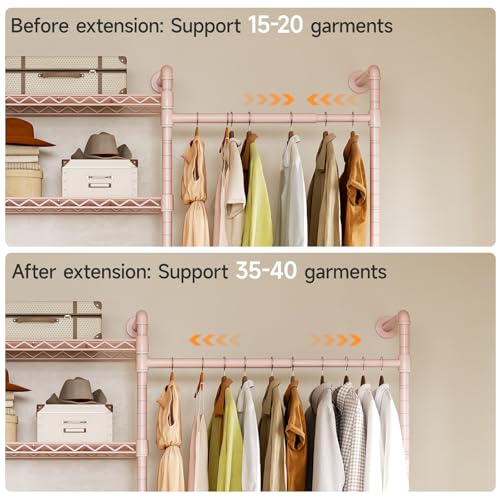 ONBRILL H4 Wall Mounted Closet System, Expandable Industrial Pipe Clothes Rack Clothing Rack for Hanging Clothes, Heavy Duty Closet Organizers and Storage in Wardrobe Closet - color: Pink