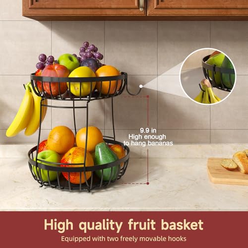 Sevenblue 2 Tier Fruit Basket for Kitchen Counter with 2 Banana Hangers, 2026 Pro Detachable Metal Fruit Bowl with Wooden Handle,Fruit Holder for Bread Snack Veggies, Black Extra Large - color: Black, size: 2 Tier Extra Large