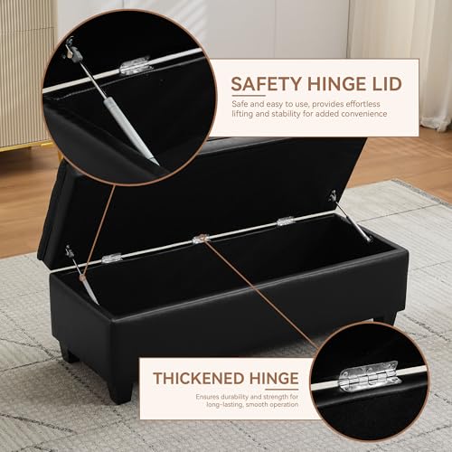 WUTUTUEE 50" Faux Leather Storage Ottoman Bench, End of Bed Upholstered Rectangle Storage Ottoman Tufted Living Room Bedroom Bench with Safety Hinge, Solid Wood Legs, Loads 500 lb(Black) - color: Black