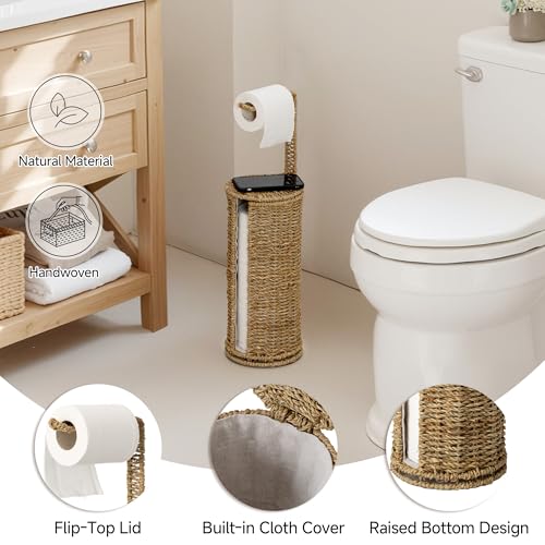 StorageWorks Wicker Seagrass Freestanding Toilet Paper Holder Stand with Storage, Farmhouse Covered Toilet Paper Stand for 4 Rolls with Cloth Lining, Tissue Holder for Bathroom Decor with Shelf - color: Natural（seagrass）, size: 6¾"D(For 4 Roll)