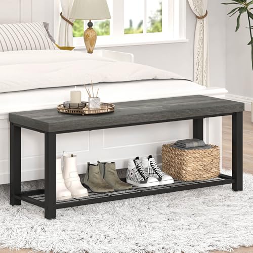 EXCEFUR Entryway Bench, Industrial Metal and Wood Storage Bench for Living Room, Indoor Shoe Rack Bench Seat, 43.3 Inch Grey - color: Grey, size: 2-Tier