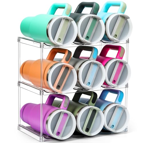 Design for Stanley 40 OZ & Large Bottles & Tumblers with Handle, Acrylic Water Bottle Organizer - Stackable Clear Wine Rack, Cup Holder for Home Kitchen Pantry Shelf Countertop Cabinet, 3 Tier Hold 9 - size: 3 Tier for 9