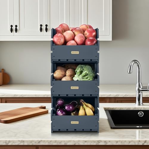 Wood Potato Onion Storage Bins - Wooden Stackable Produce Basket - Fruit Vegetable Storage for Kitchen Pantry Organization, Set 3 Pieces - color: Anthracite Grey