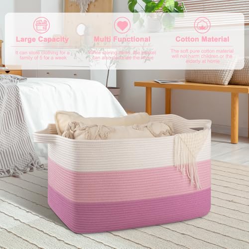 OIAHOMY Extra Large Blanket Basket, 95L Cotton Rope Woven Laundry Basket, Toy Bin for Baby Room, Container for Blanket Storage in Living Room, 24''×17''×14'', Gradient Pink - color: Gradient Pink, size: 95L