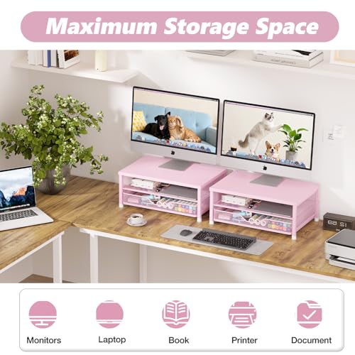 OPNICE Computer Monitor Stand Riser, Desk Organizer with Drawer, Printer & Laptop Stand, Office Desk Accessories & Workspace Desktop Organizers Storage for Office Supplies(Pink) - color: Pink