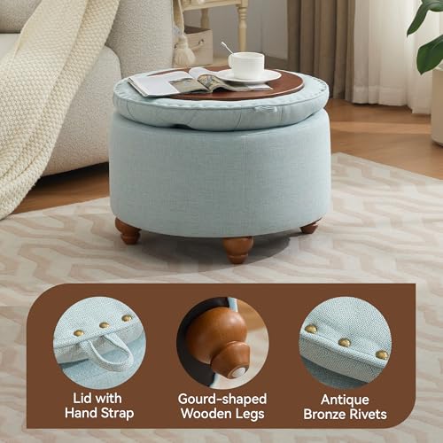 WUTUTUEE 24Inch Round Storage Ottoman with Tray, Modern Tufted Fabric Circle Coffee Table with Storage, Upholstered Ottoman with Removable Top for Living Room, Bedroom, Light Blue - color: Blue, size: 24 Inch