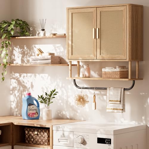 INNOD Rattan Bathroom Wall Cabinet with Towel Bar, Wall-Mounted Medicine Cabinet with Adjustable Wood Shelf & Doors, Over the Toilet Storage Cabinet for Laundry Room & Kitchen & Living Room - color: Rubberwood
