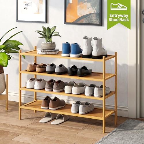 BMOSU 4-Tier Bamboo Extended Shoe Rack Premium Stackable Shoe Shelf Storage Organizer for Hallway Closet Living Room Entryway Organizer(Natural) - color: Natural, size: 4-Tier Long（33.3*11*25.2inches）