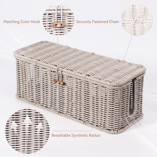 BROWNLILY Cable Management Box, Rattan Style Cord Organizer for Desk Cord Hider Outlet Covers Baby Proofing for Power Strip TV PC Router Charger Under Desk Storage with Lockable Lid and Cable Ties - color: Gray, size: Set (L+M)