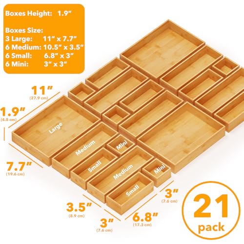 SpaceAid 21-Piece Bamboo Drawer Organizer Storage Boxes Set, Wood Tray Junk Drawer Organizers Multi-Use Divider Bins for Kitchen, Bathroom, Office Desk and Makeup Organization (21 Pack, Natural) - color: Natural