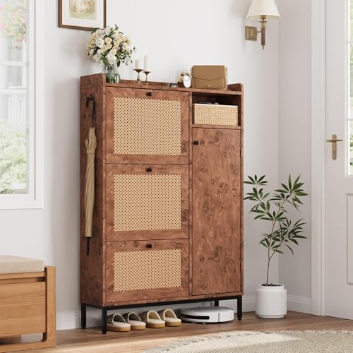 GarveeHome Shoe Cabinet Rattan with 3 Flip Drawers and 4-Tier Shoe Storage Cabinet, Freestanding Shoe Organizer with Adjustable Shelves for Entryway, Closet, Hallway (Tree Pomegranate) - color: Tree Pomegranate, size: 3-Drawers + 1-Door