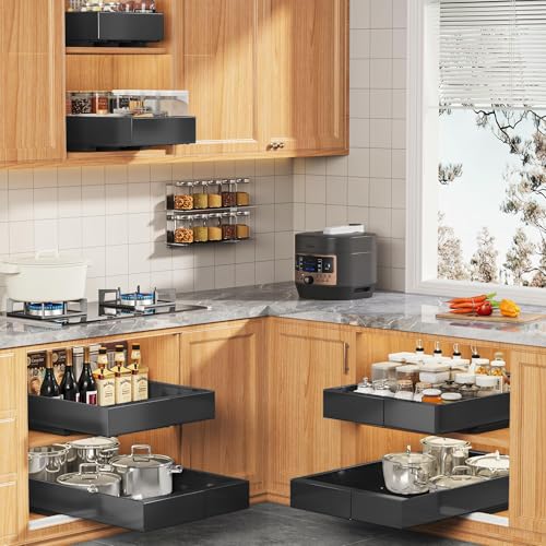 Seinloes 2 Pack Expandable Pull Out Cabinet Organizer 21" Deep with Raising Pad for Framed Cabinets,Upgrade 3 Slide Rails Slide Out Drawers,Roll Out Shelves Adhesive,Adjustable Width 9"-14.1" Black - color: Black, size: 21"D x 9"-14.1"W(2Pack)