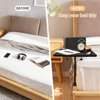 Adjustable Bedside Shelf for Bed, College Dorm Room Essentials, Bamboo Bed Side Tray Table with Sturdy Metal Pole, Clip On Nightstand Organizer for College, Apartment, Bunk Beds