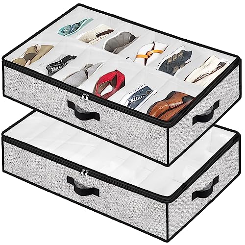 Under Bed Shoe Storage Organizer for Closet 2 Pack- Fits 24 Pairs Underbed Shoes Container Boxes Light Grey - color: Light Grey-24pairs, style: Regular Handle