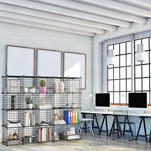 TUMUCUTE Wire Storage Cubes, Metal Storage Shelves Bookshelf, Stackable Modular Closet Organizer for Bedroom Living Room, Office, Black (16 Cubes, Iron) - color: Iron, size: 16 Cubes