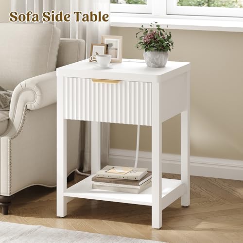 Lulive Modern White Night Stand, Fluted Nightstand with Charging Station, Wood Modern Bedside End Table with Storage Drawer for Bedroom, Save Space (Set of 1, White) - color: White, size: 1 Drawer-Set of 1 Nightstand