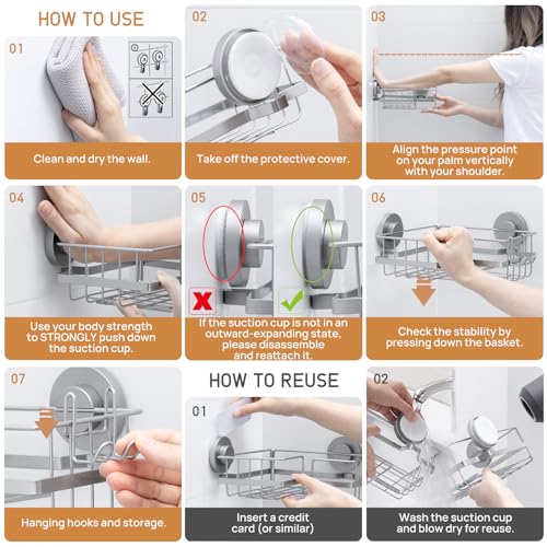 LEVERLOC Corner-adaptive Suction Cup Shower Caddies 2 Pack, Stainless Steel Rustproof Corner Shower Shelf, Large Capacity Removable Suction Cup Bathroom Organizer, Drill-Free Wall Mounted Basket, Gray - style: Corner Caddy, Grey