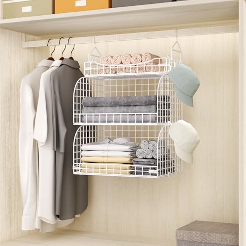 HapiRm Hanging Closet Organizer Storage - 3 Tier Metal Stackable Hanging Closet Shelves with Dividers and S Hooks, Foldable Clothes Shelves for Clothes, Pants, Shoes, Coat, Hats Clutches Accessories - color: White, size: 3-Tier