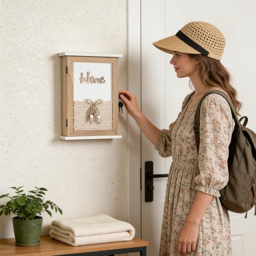 Key Holder for Wall, Rustic Wooden Wall Mount Key Box with 6 Hooks, Farmhouse Key Storage Organizer Key Rack for Entryway Hallway Office, Boho Home Decor