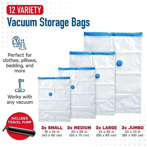 Spacesaver Variety Vacuum Storage Bags for Comforters, Blankets & Clothes – Sealed Compression Bags with Hand Pump – Space Saver Bags for Bedding,Travel & Organization - 3S, 3M, 3L & 3XL - Pack of 12