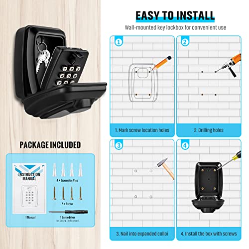 Key Lock Box for Outside, Sturdy Waterproof Wall Mount Lock Box for House Key, 12-Digit Combination Resettable Large Capacity Security Lockbox for Home, Garage, Office, Warehouse - color: A-Black