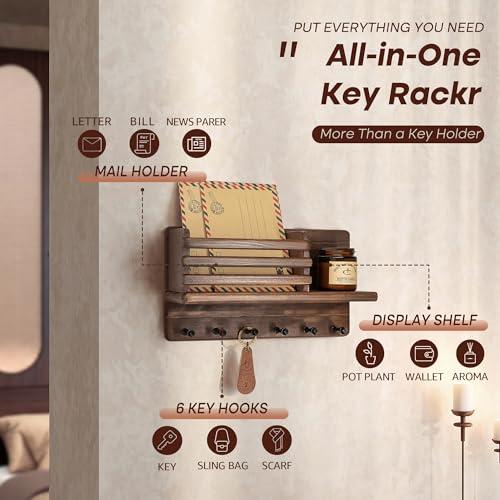 Rebee Vision Pine Wood Key Holder Wall Mount - Farmhouse Mail and Key Holder for Wall with Floating Shelf & 6 Hooks - Decorative Mail Organizer with Round Corner for Home Decor (Brown) - color: Brown