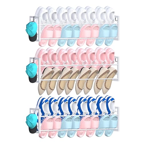 3 Pack Wall Mounted Shoe Rack for Narrow Spaces, Hanging Shoe Rack Holds 24 Pairs, 17"-30"Adjustable Heavy Duty Wall Shoe Storage with 6 Storage Hooks, Space Saving for Closet Entryway Door, White - color: White, size: 3 Pack