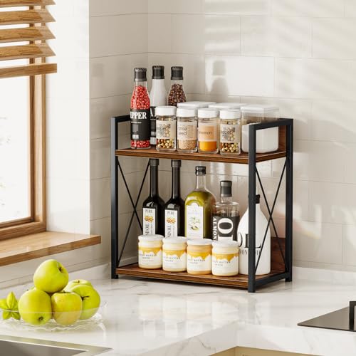 Giikin Kitchen Counter Shelf, Kitchen Countertop Organizer, 2 Tier Spice Rack for Counter, Wood Coffee Bar Organizer for Coffee Station (Brown, L) - color: Brown, size: Large