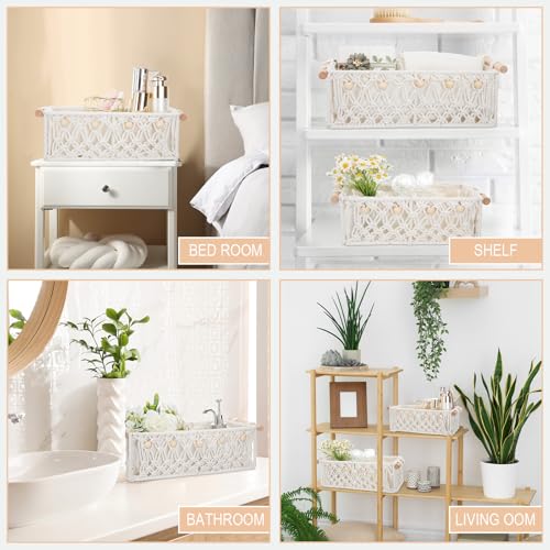 Vesici 4 Pcs White Macrame Storage Basket for Shelves 13 in 11 in Boho Storage Basket Hand Woven Boxes with Wood Handles Beads Decorative Countertop Toilet Tank Cabinet Organizer for Home Room Decor - color: White