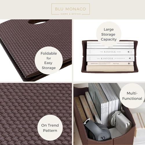 BLU MONACO Brown Woven Leather Magazine Holder Basket with Handles | Vertical File Organizer for Desk | File Folder Storage Bin for Office, Living Room or Bathroom - color: Brown