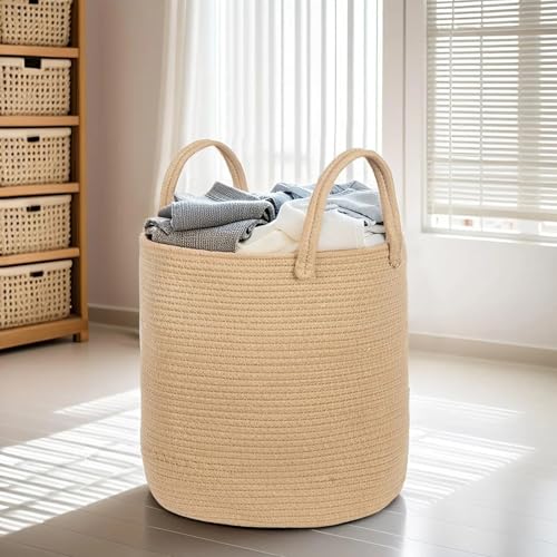 ShellKingdom Laundry Basket, Large Natural Rope Woven Storage Basket with Handles for Home, Living Room, Laundry, Storage Organizer for Blankets, Clothes, Plant, Toys, 15.7 x 13.8 INCH (Jute) - color: Jute, size: 38L