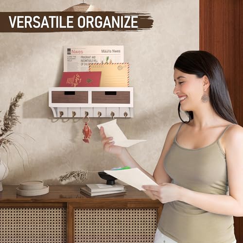 Modern Key Holder Wall Mount Combo - Elegant 2-Color Key Rack with 2 Drawer Organizer and Decorative Mail Organizer – Perfect for Home Decor & Organization (White & Retro Brown)