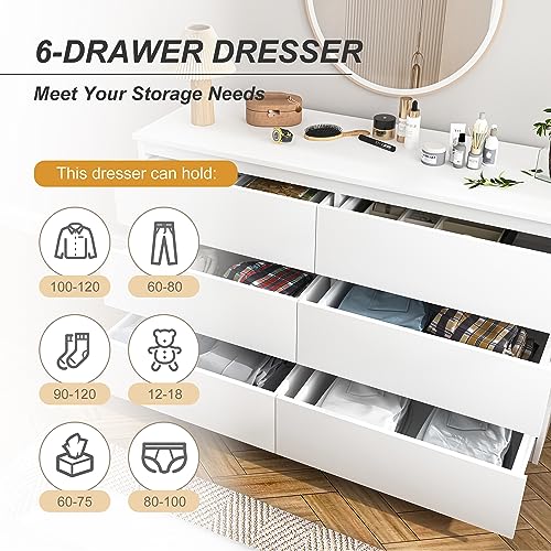 Spaco White 6 Drawer Dresser for Bedroom,48'' Modern Dresser with Deep Drawer,Wide Storage Chest of Drawers,Bedroom Storage Organizer Furniture,TV Stand for Living Room - color: White, size: 6 Drawers
