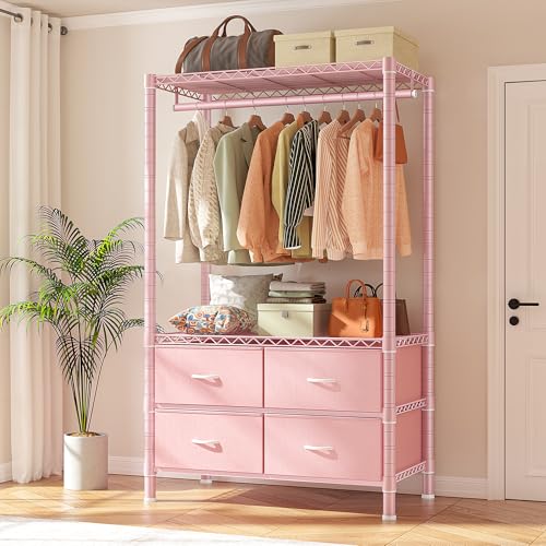Raybee Clothes Rack, Clothing Rack for Hanging Clothes with 4 Drawers Load 420LBS Heavy Duty Garment Rack with Drawers, Pink - color: Pink, style: Clothes Rack with Drawers