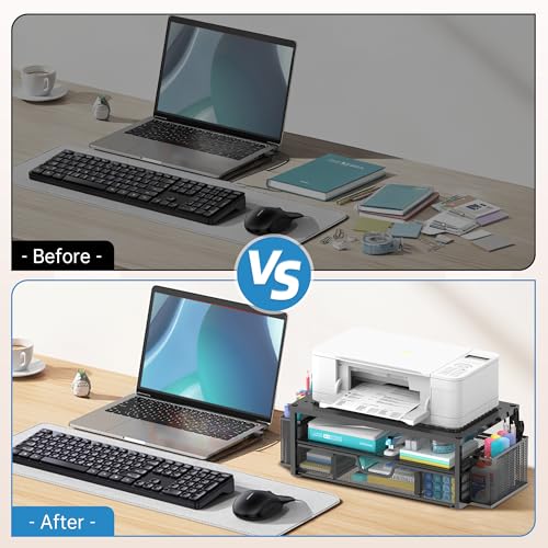 SUPEASY Printer Stand for Desk with Storage, 2-Tier Metal Monitor Stand Riser with Drawer and 2 Pen Holders, Multifunctional Desktop Organizer for Home Office Desk Accessories, Black
