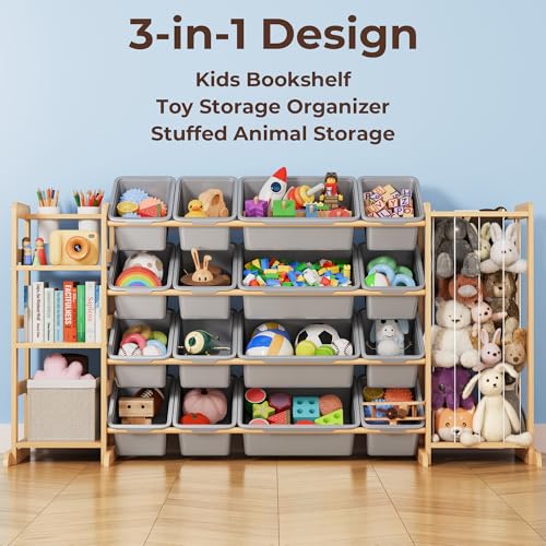Toy Storage Organizer with Bookshelf and Stuffed Animal Storage - Kids Playroom Organization with Shelves and 16 Toy Bins - Toddler Living Room Toy Box for Lego - Nursery Bedroom Decor Essentials - color: Grey, size: 67"W,3 Shelves,16 Bins
