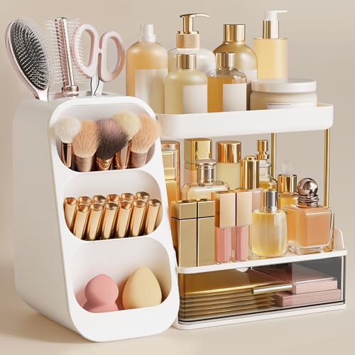 HBlife Bathroom Organizers and Storage with Brush Holder for Vanity, 3 Tier Plastic Makeup Organizer for Dresser Counter, Skincare, Lipstick, Perfume, and Cosmetic Storage - color: White, size: Medium
