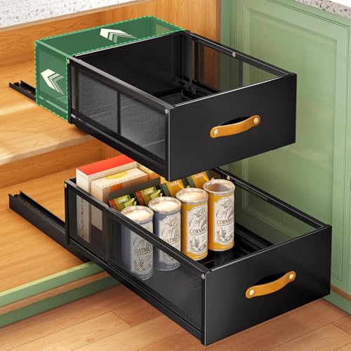 Pull out Cabinet Organizer, Expandable Depth(15.7"-21.7") with Raising Pad for Framed Cabinets, Heavy Duty Slide out Drawers, Adhesive Roll Out Shelves for Kitchen, Pantry Storage(Black, 1-Pack) - color: Black, size: 1-Pack