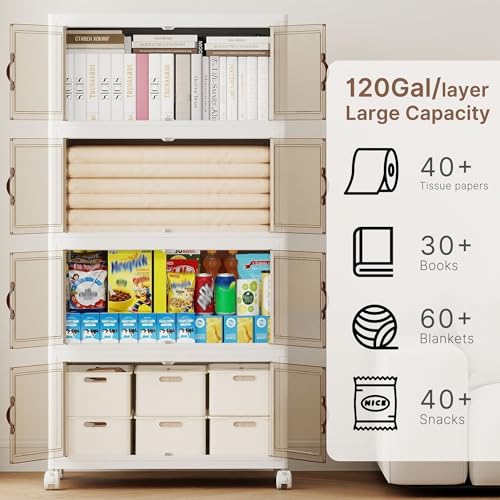 480QT Extra Large Stackable Storage Bins with Lids & Wheels & Door, 120Gal Foldable Collapsible Closet Organizers, Plastic containers drawers for bedroom Dorm - color: White